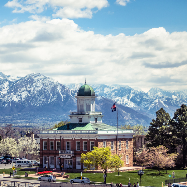 City Hall in Salt Lake City in front of snow-covered mountains