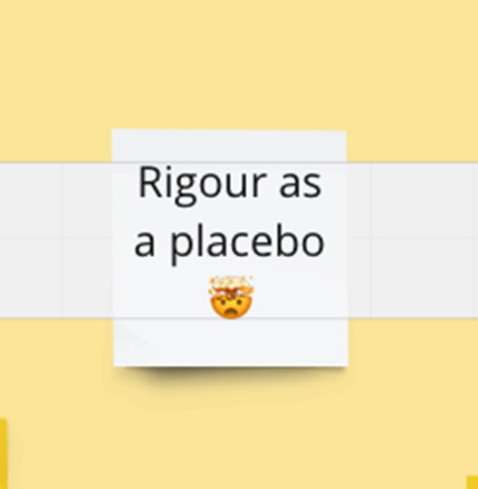 On the Miro board, a participant has written 'rigour as placebo' and included a mind-blowing emoji.